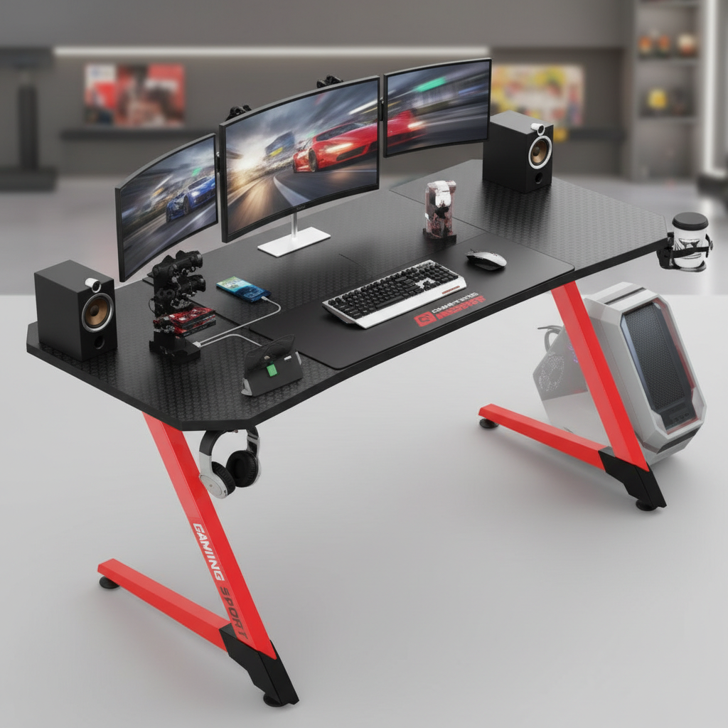 Ergonomic Gaming Desk 55 Inch, Z Shaped Office PC Computer Desk with Mouse Pad, Gamer Tables with Gaming Handle Rack, Cup Holder and Headphone Hook
