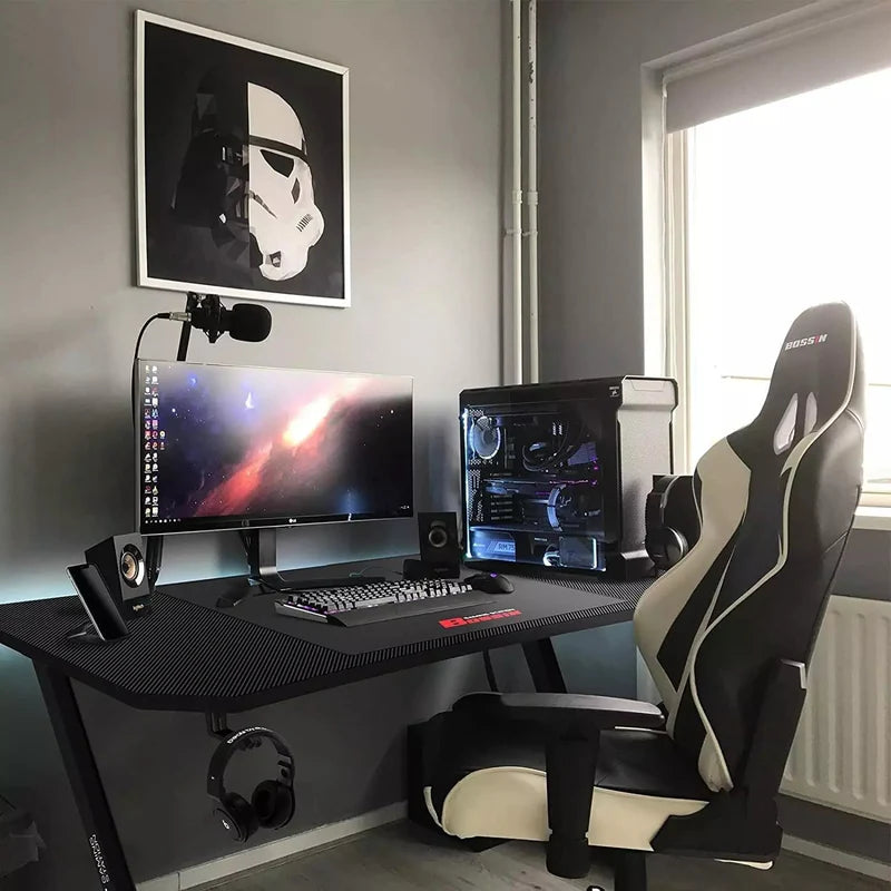 Ergonomic Gaming Desk 55 Inch, Z Shaped Office PC Computer Desk with Mouse Pad, Gamer Tables with Gaming Handle Rack, Cup Holder and Headphone Hook